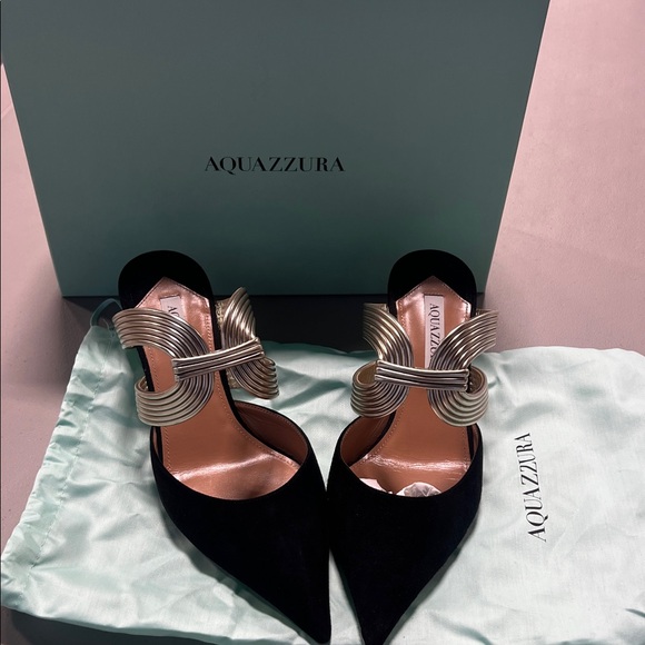 Aquazzura Black Suede Pointed Mules with Gold Sculptural Strap
